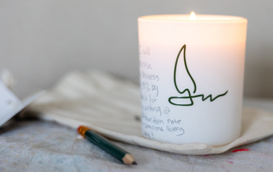 Lit candle with handwritten intention